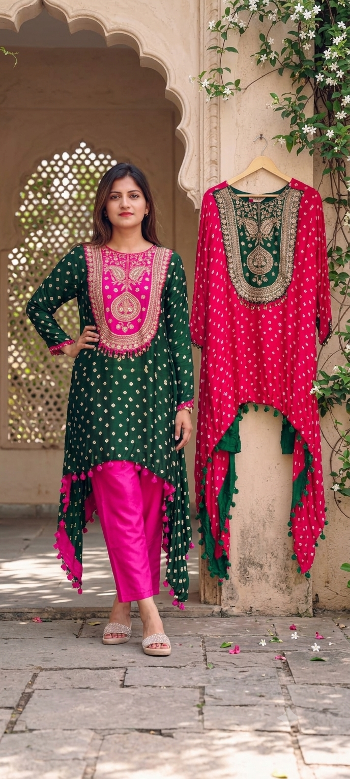 PRE BOOKINGS- Rich Zardozi Yoke With Coin Latkan Accents Bandhej Printed High-Low Dual Tone Kurta With Solid Bottom- 16016 (On Orders Dispatching after 30 Days)