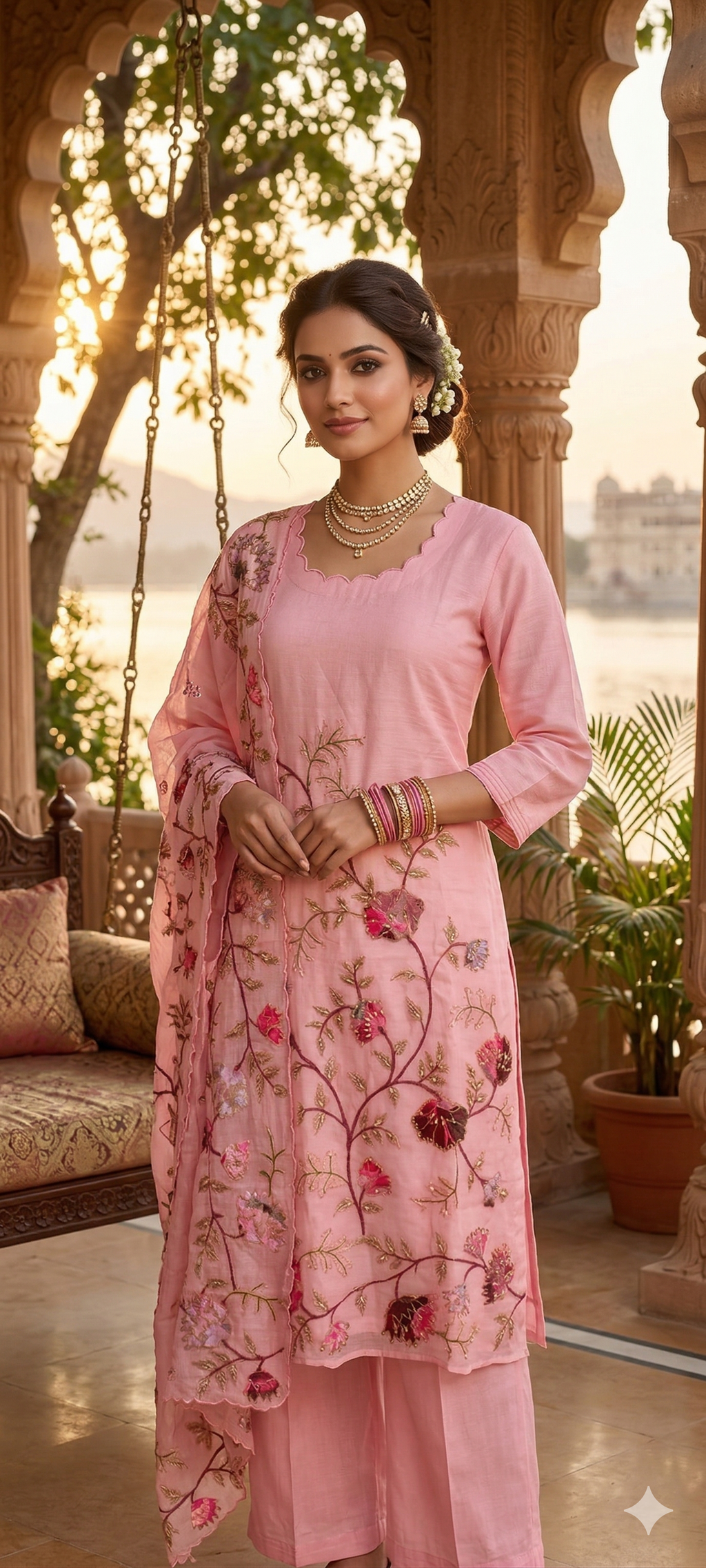 Elegant Soft Mul Chanderi Straight Cut Suit Set with Intricate Floral Embroidery 14029 W43