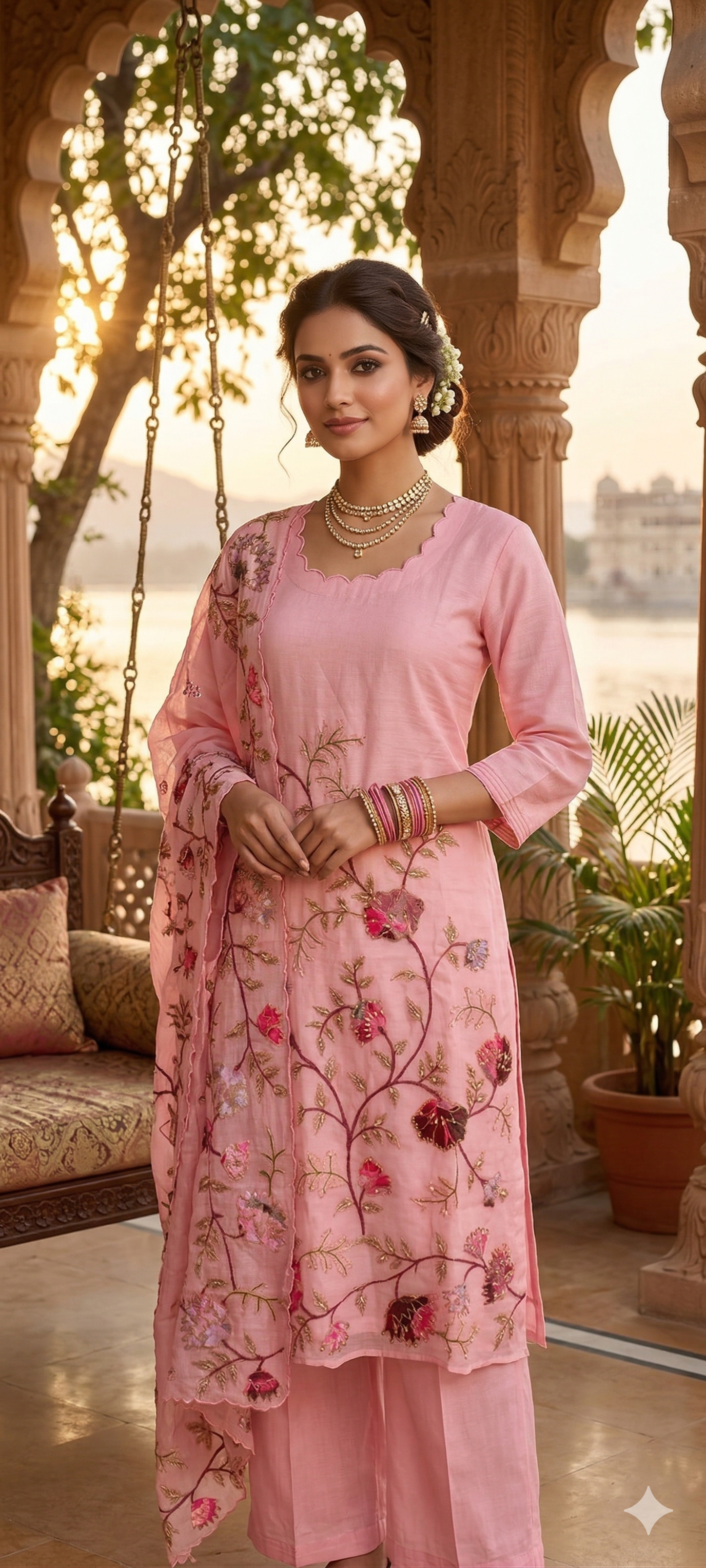 Elegant Soft Mul Chanderi Straight Cut Suit Set with Intricate Floral Embroidery 14029 W43