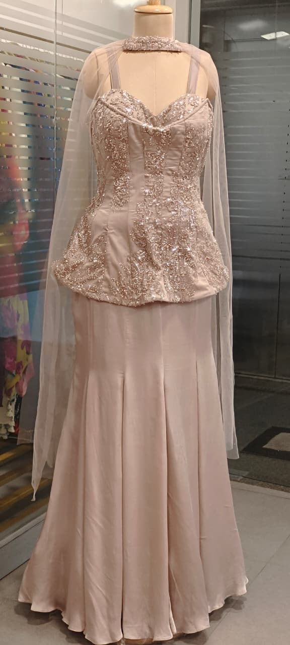 Champagne Nude Peplum Padded Top and Skirt Set With Hand-Embroidered Choker Dupatta RB94