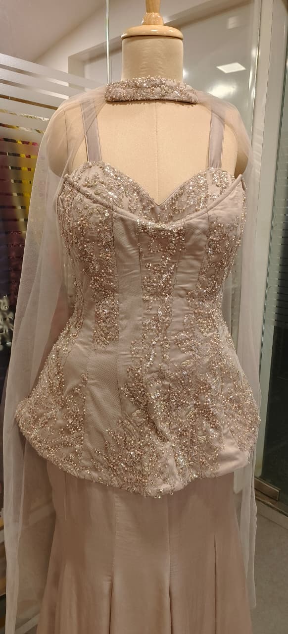 Champagne Nude Peplum Padded Top and Skirt Set With Hand-Embroidered Choker Dupatta RB94