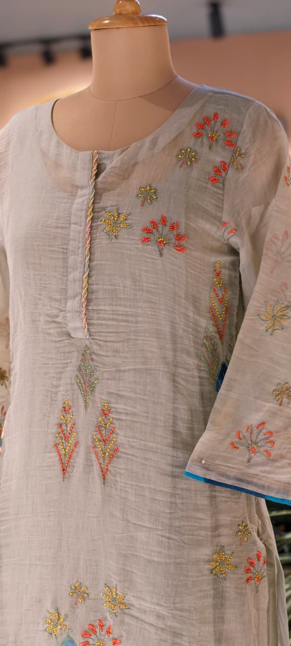 Maized Floral Fine Embroidery Ash Toned Double Layered Gown In Pure Mul Chanderi Fabric(Slightly Lean Fit)- 13772 W91