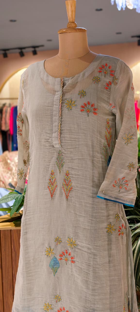 Maized Floral Fine Embroidery Ash Toned Double Layered Gown In Pure Mul Chanderi Fabric(Slightly Lean Fit)- 13772 W91