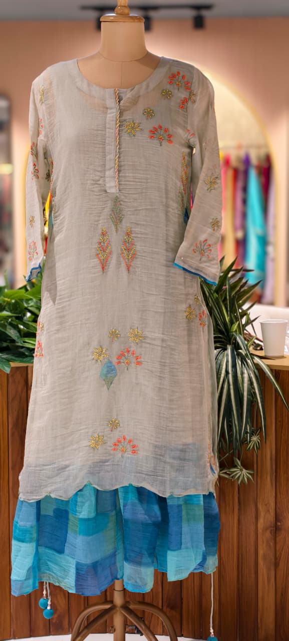 Maized Floral Fine Embroidery Ash Toned Double Layered Gown In Pure Mul Chanderi Fabric(Slightly Lean Fit)- 13772 W91