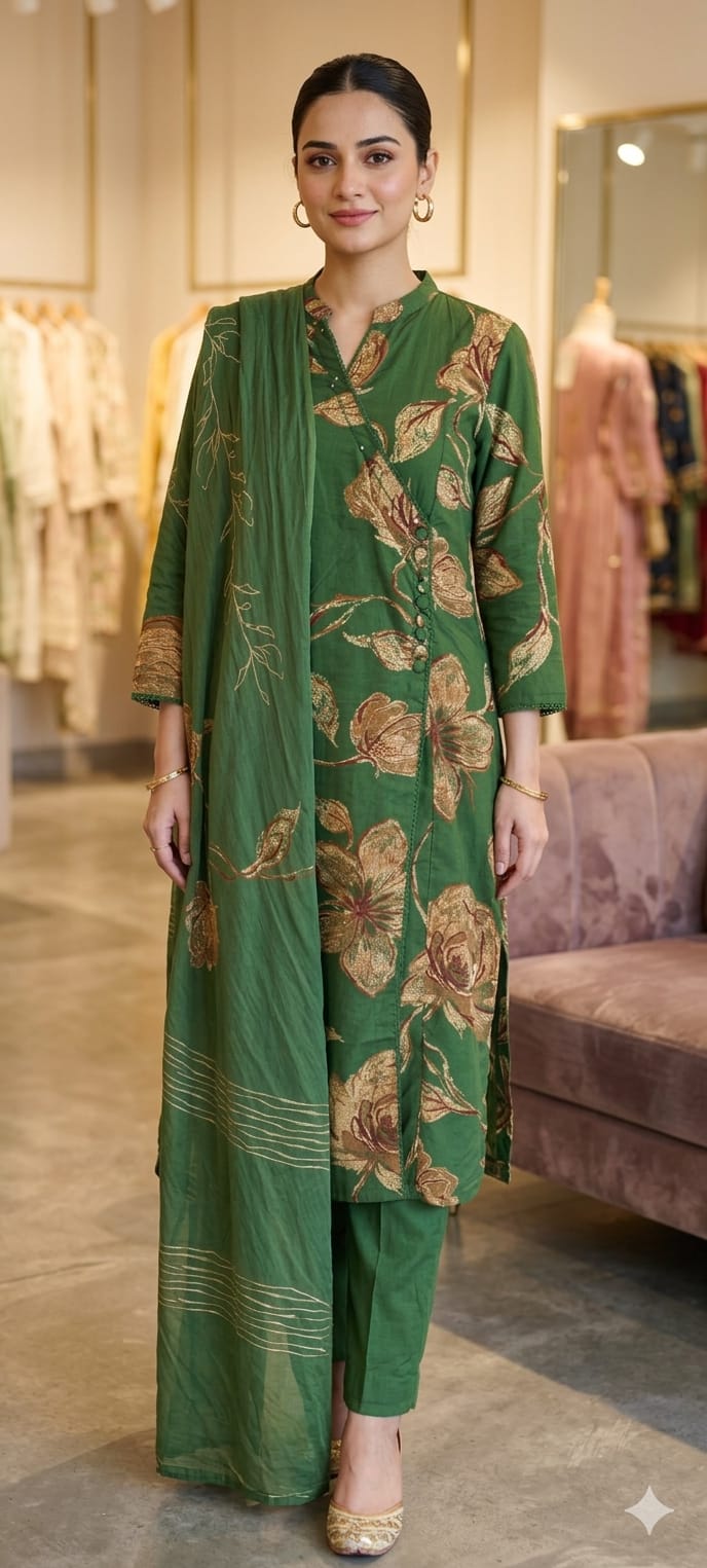 Printed Cotton Full Suit Set in Angrakha Pattern W15