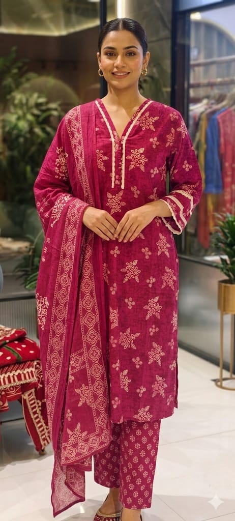 Printed Cotton Full Suit Set Neck line Work W14
