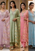 Mulchanderi A-Line Anarkali Kurta Set with Mirror Embellished Neckline, Straight Pants & Banarasi Striped Dupatta 13884 W33