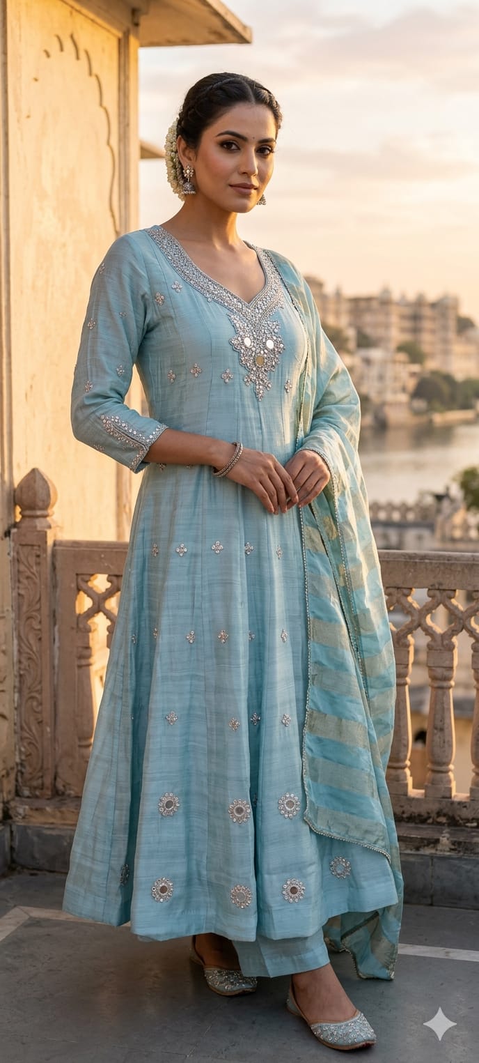 Mulchanderi A-Line Anarkali Kurta Set with Mirror Embellished Neckline, Straight Pants & Banarasi Striped Dupatta 13884 W33