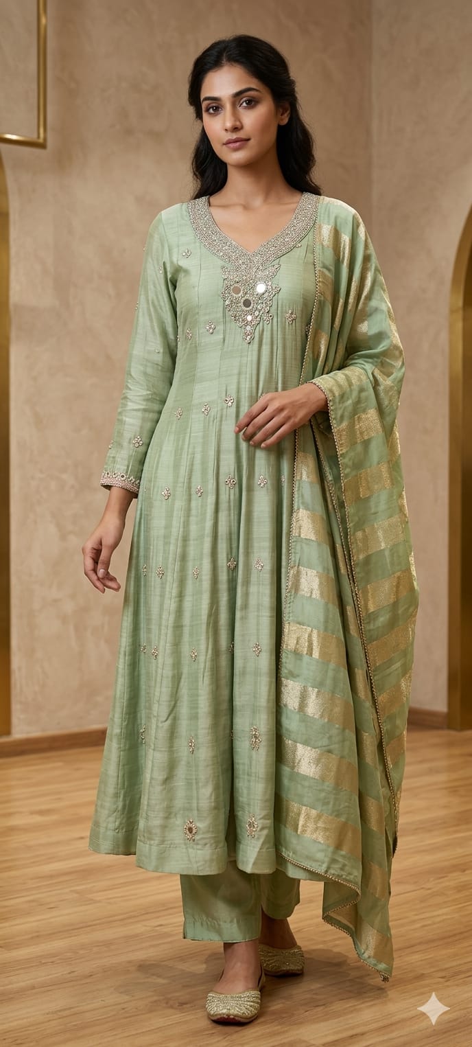 Mulchanderi A-Line Anarkali Kurta Set with Mirror Embellished Neckline, Straight Pants & Banarasi Striped Dupatta 13884 W33