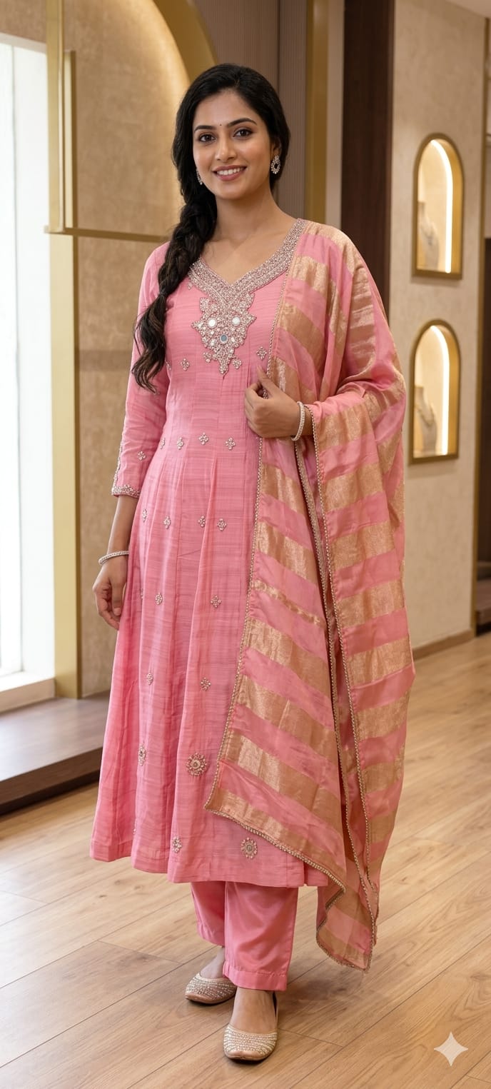 Mulchanderi A-Line Anarkali Kurta Set with Mirror Embellished Neckline, Straight Pants & Banarasi Striped Dupatta 13884 W33
