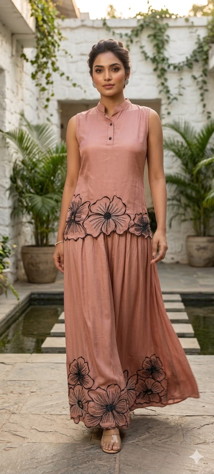 3D Floral Patch Cut Work Solid Sleeveless Kurta With Skirt Bottom Set In Organza Fabric- 14081 W51