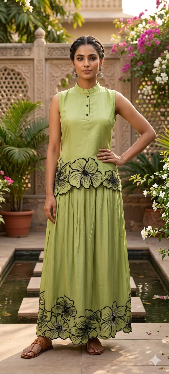 3D Floral Patch Cut Work Solid Sleeveless Kurta With Skirt Bottom Set In Organza Fabric- 14081 W51
