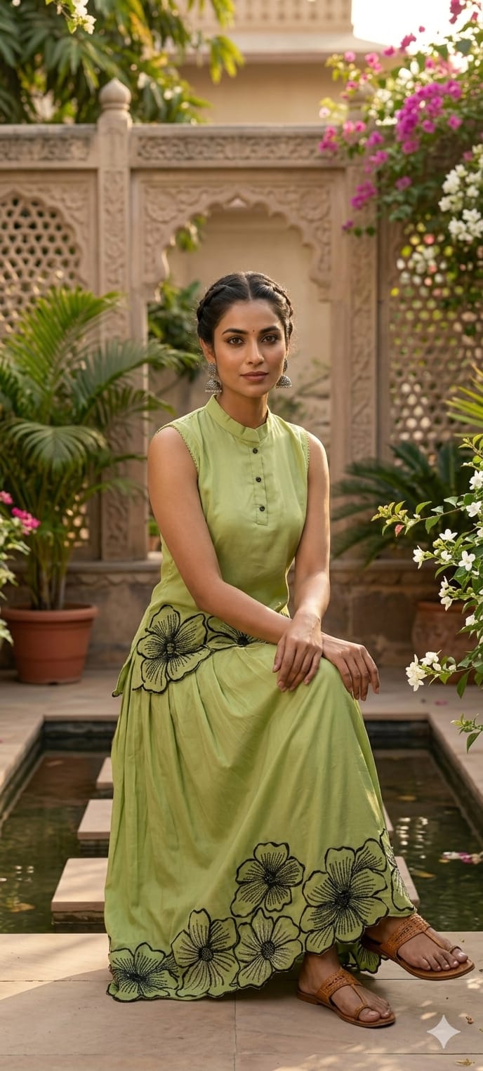 3D Floral Patch Cut Work Solid Sleeveless Kurta With Skirt Bottom Set In Organza Fabric- 14081 W51