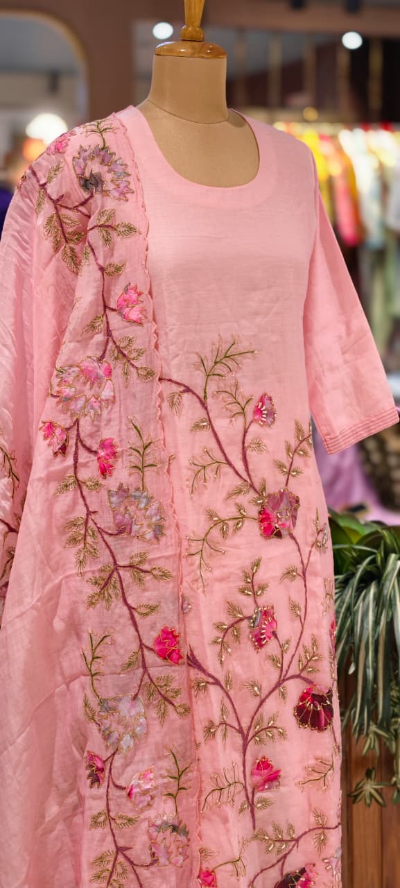 Elegant Soft Mul Chanderi Straight Cut Suit Set with Intricate Floral Embroidery 14029 W43