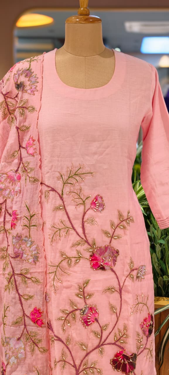 Elegant Soft Mul Chanderi Straight Cut Suit Set with Intricate Floral Embroidery 14029 W43