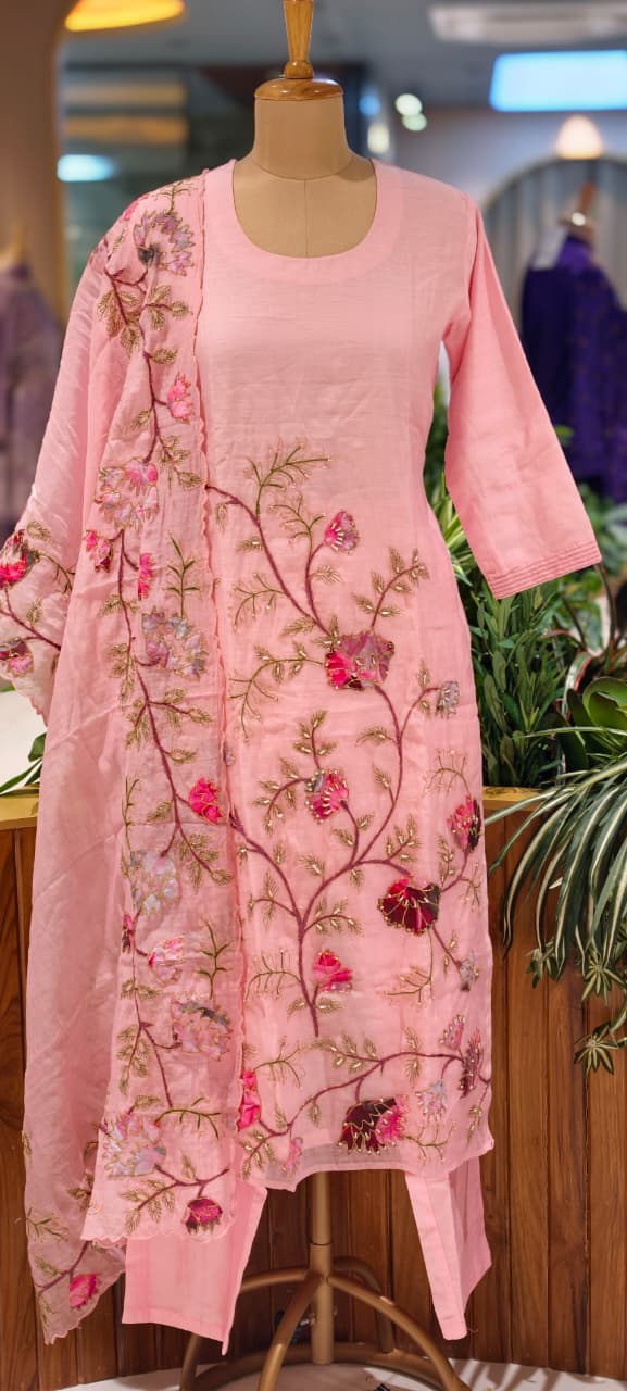 Elegant Soft Mul Chanderi Straight Cut Suit Set with Intricate Floral Embroidery 14029 W43