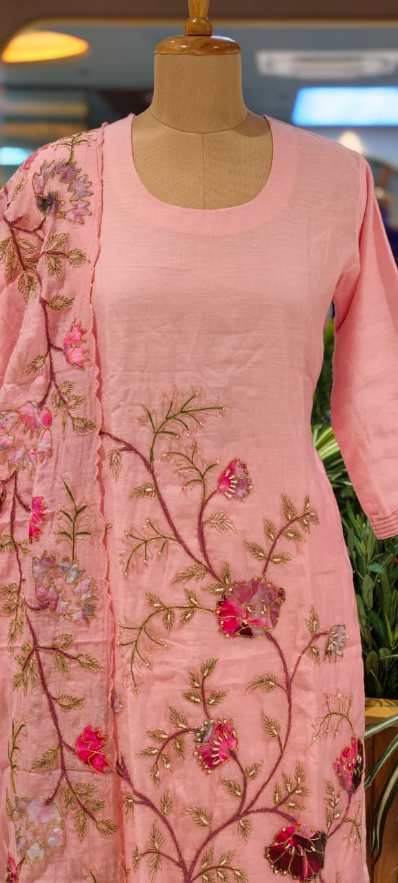 Elegant Soft Mul Chanderi Straight Cut Suit Set with Intricate Floral Embroidery 14029 W43