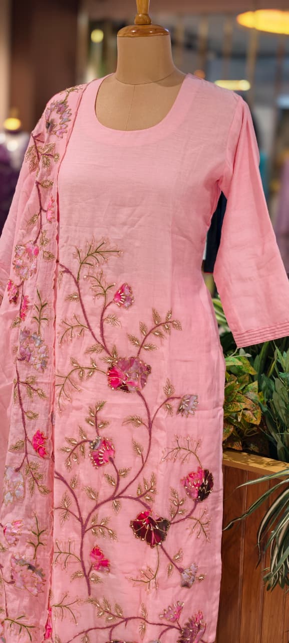 Elegant Soft Mul Chanderi Straight Cut Suit Set with Intricate Floral Embroidery 14029 W43
