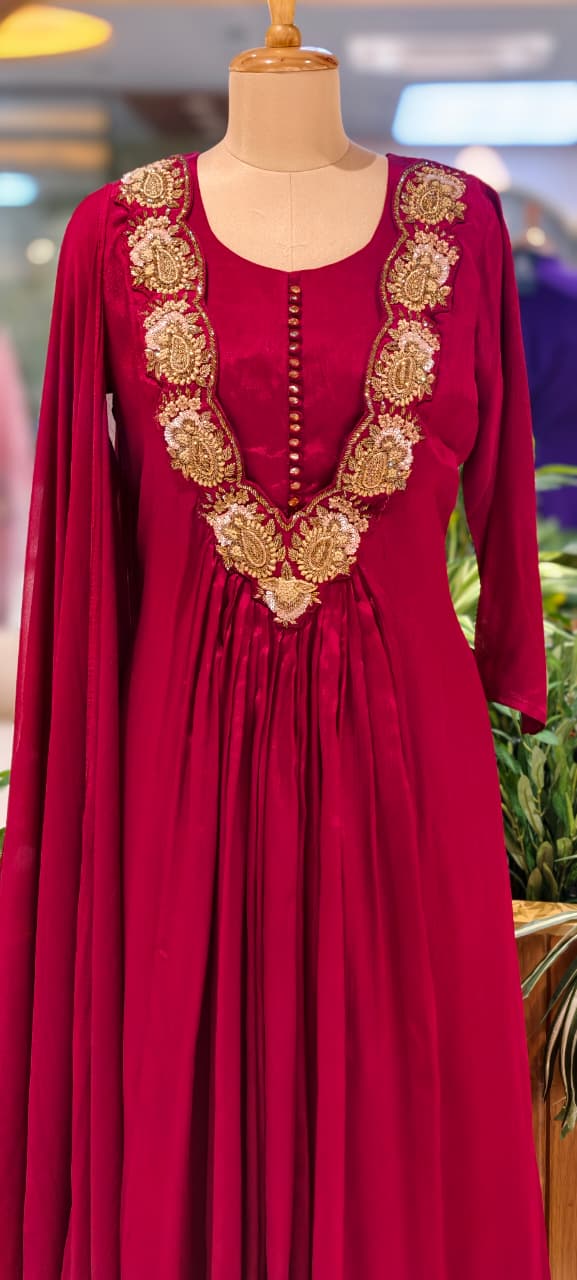 Golden Intricate Embroidery Work 3D Yoke Neck Line Anarkali Full Suit Set With Dupatta- 13998 W39