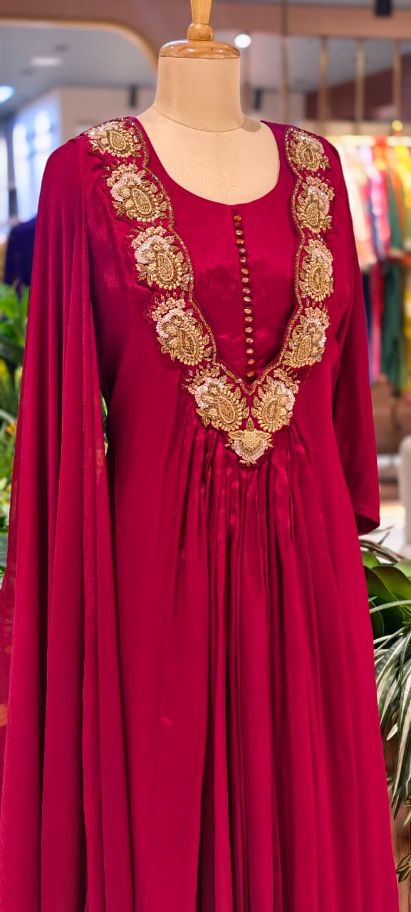 Golden Intricate Embroidery Work 3D Yoke Neck Line Anarkali Full Suit Set With Dupatta- 13998 W39