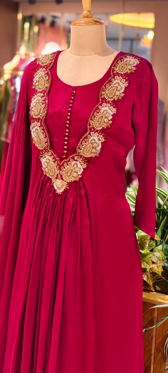Golden Intricate Embroidery Work 3D Yoke Neck Line Anarkali Full Suit Set With Dupatta- 13998 W39