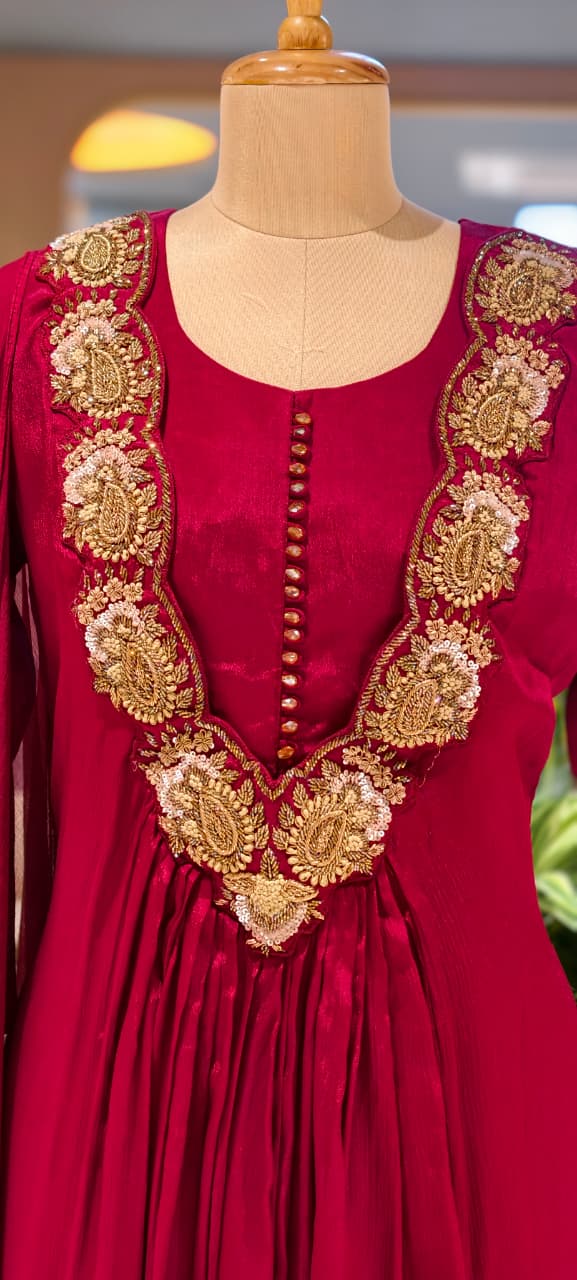 Golden Intricate Embroidery Work 3D Yoke Neck Line Anarkali Full Suit Set With Dupatta- 13998 W39