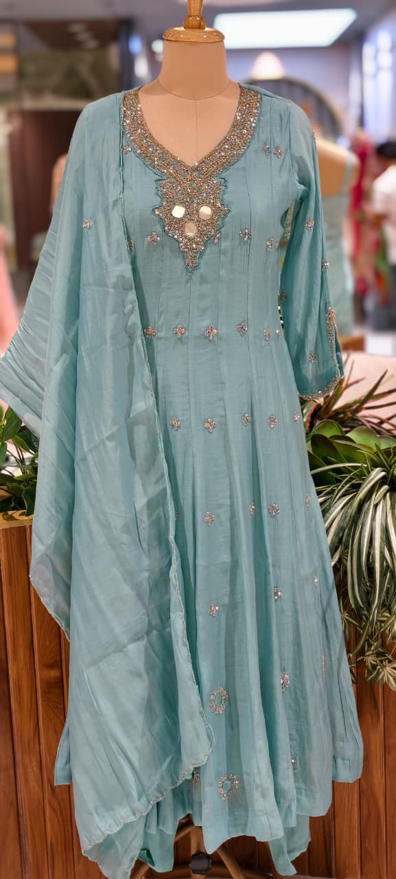 Elegant Anakarli Surat Mulchanderi A-Line Kurta Set with Mirror Embellished Neckline, Straight Pants & Banarasi Striped Dupatta-13884 W37