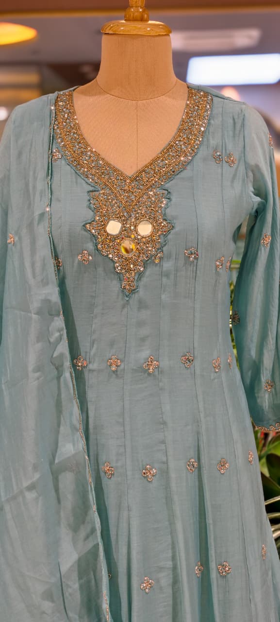 Elegant Anakarli Surat Mulchanderi A-Line Kurta Set with Mirror Embellished Neckline, Straight Pants & Banarasi Striped Dupatta-13884 W37