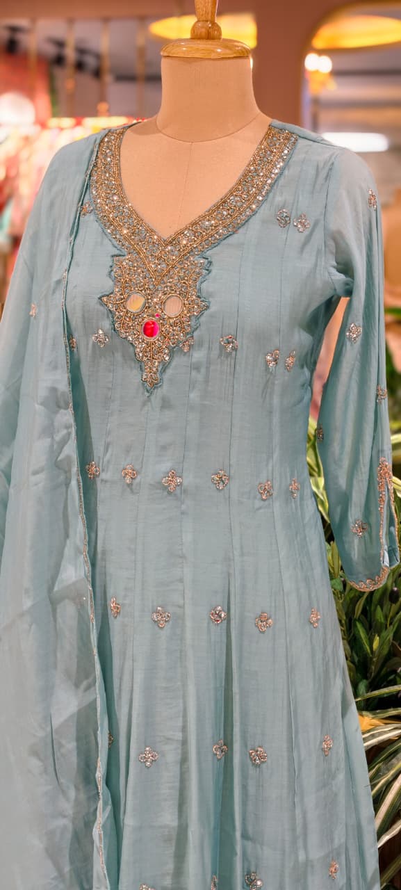 Elegant Anakarli Surat Mulchanderi A-Line Kurta Set with Mirror Embellished Neckline, Straight Pants & Banarasi Striped Dupatta-13884 W37