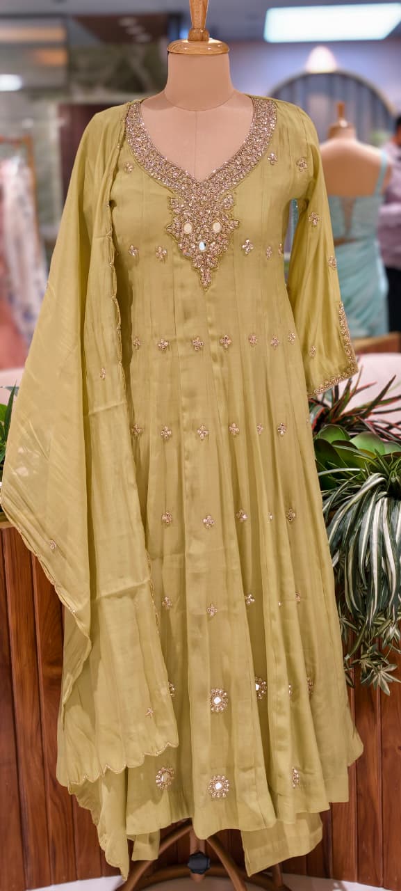 Elegant Anakarli Surat Mulchanderi A-Line Kurta Set with Mirror Embellished Neckline, Straight Pants & Banarasi Striped Dupatta-13884 W37