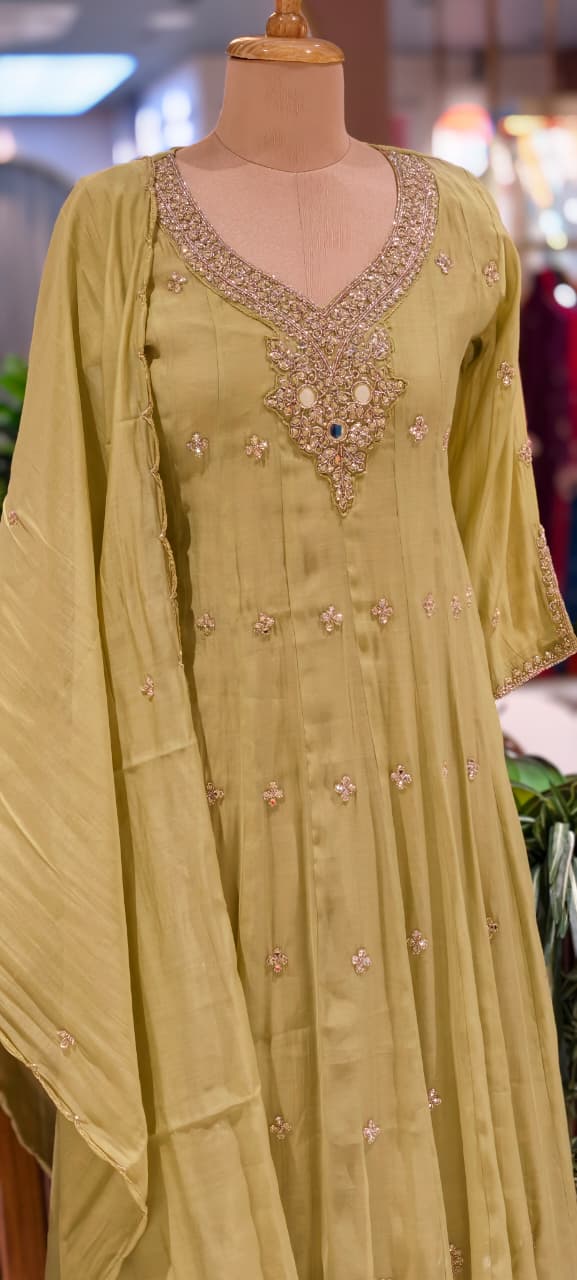 Elegant Anakarli Surat Mulchanderi A-Line Kurta Set with Mirror Embellished Neckline, Straight Pants & Banarasi Striped Dupatta-13884 W37