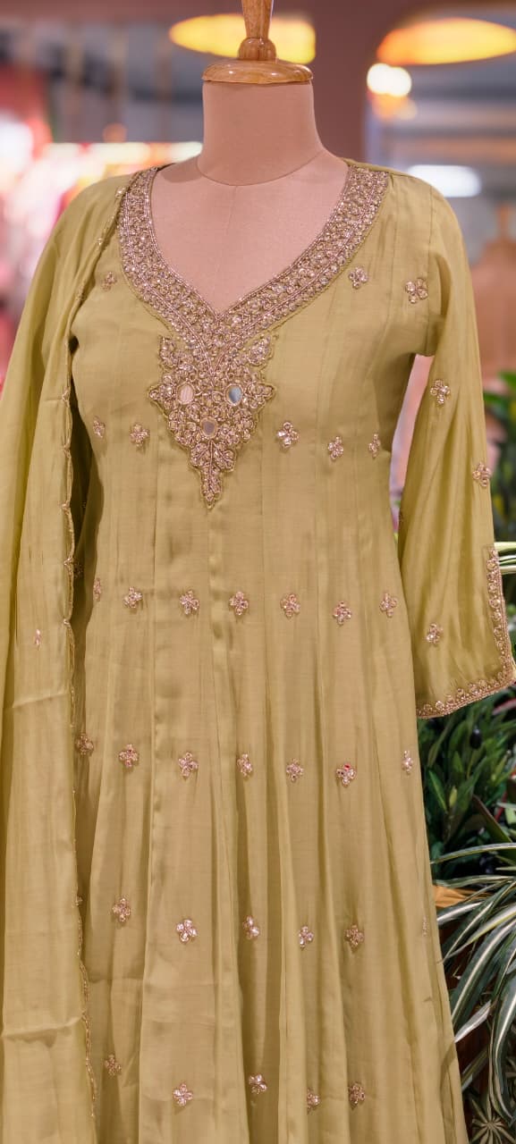 Elegant Anakarli Surat Mulchanderi A-Line Kurta Set with Mirror Embellished Neckline, Straight Pants & Banarasi Striped Dupatta-13884 W37