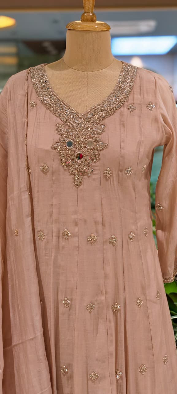 Elegant Anakarli Surat Mulchanderi A-Line Kurta Set with Mirror Embellished Neckline, Straight Pants & Banarasi Striped Dupatta-13884 W37