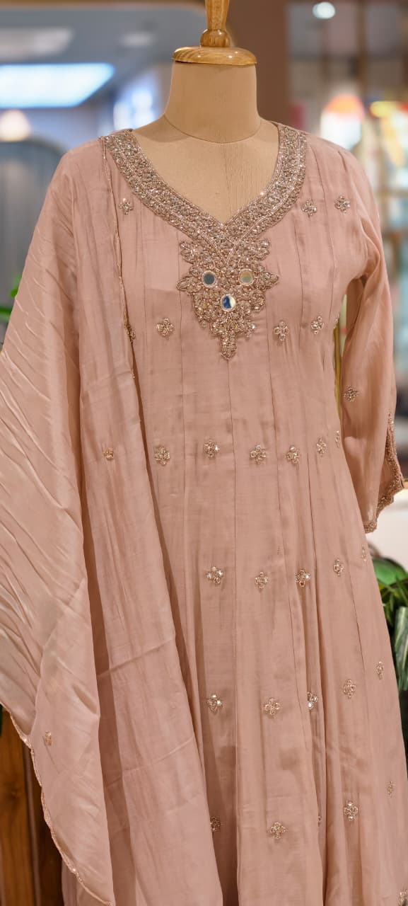 Elegant Anakarli Surat Mulchanderi A-Line Kurta Set with Mirror Embellished Neckline, Straight Pants & Banarasi Striped Dupatta-13884 W37