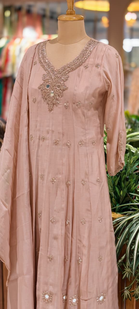 Elegant Anakarli Surat Mulchanderi A-Line Kurta Set with Mirror Embellished Neckline, Straight Pants & Banarasi Striped Dupatta-13884 W37