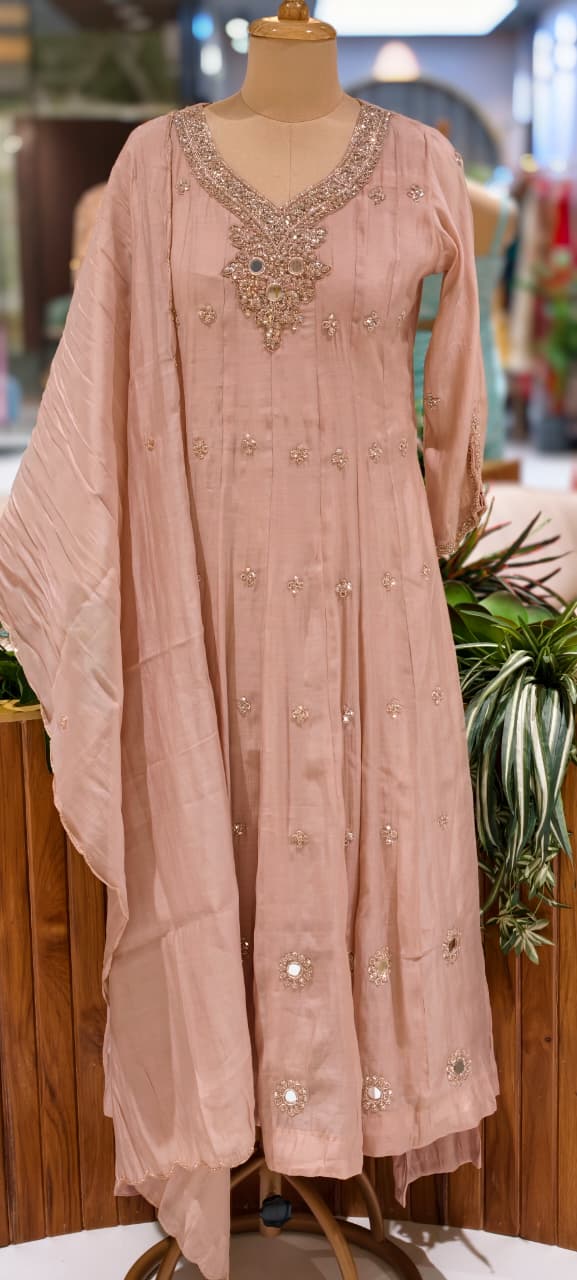 Elegant Anakarli Surat Mulchanderi A-Line Kurta Set with Mirror Embellished Neckline, Straight Pants & Banarasi Striped Dupatta-13884 W37