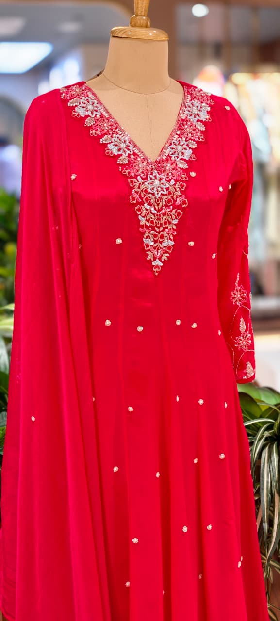 Elegant Chinon Anarkali Suit Set with Heavy Hand Embroidered Neckline & Buti Work Full Suit 13887 W46