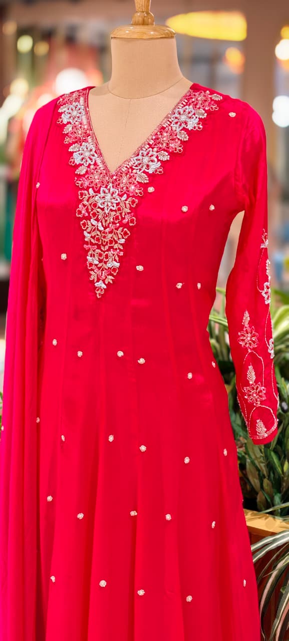 Elegant Chinon Anarkali Suit Set with Heavy Hand Embroidered Neckline & Buti Work Full Suit 13887 W46
