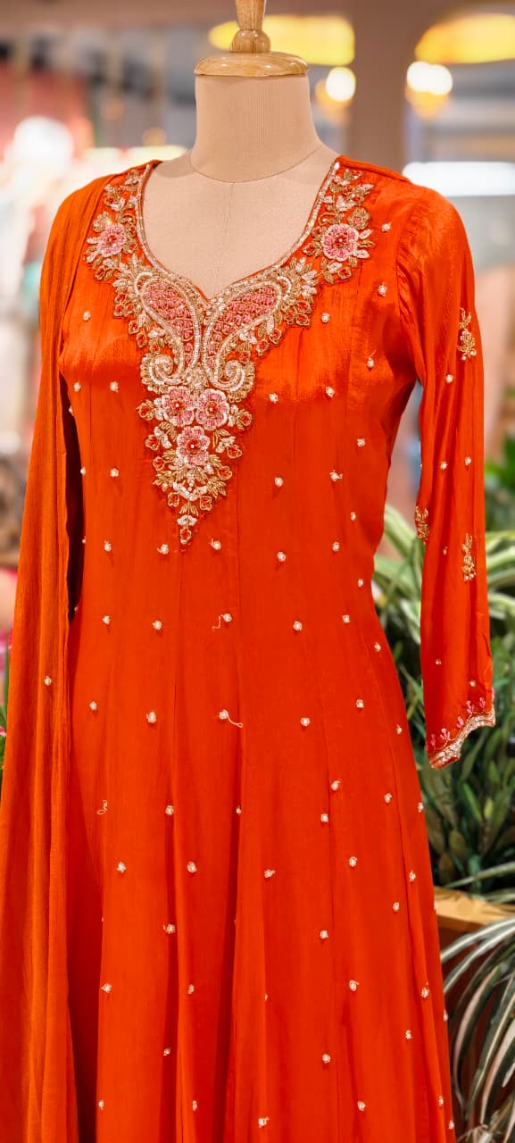 Elegant Chinon Anarkali Suit Set with Heavy Handwork Embroidered Neckline Full Suit 14018 W44