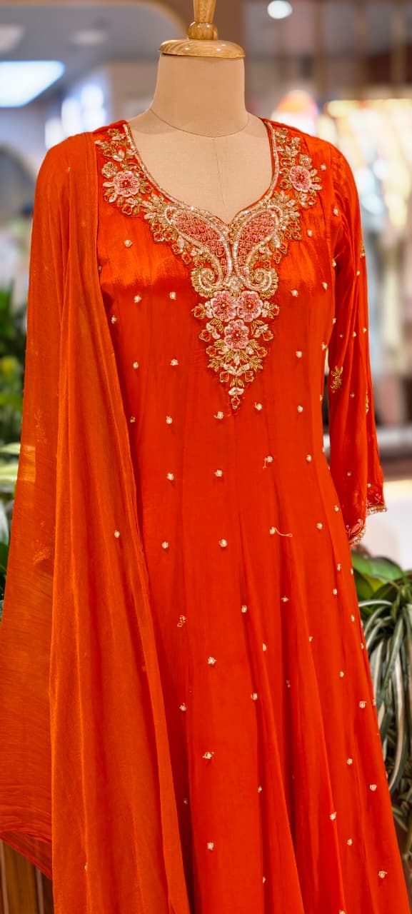 Elegant Chinon Anarkali Suit Set with Heavy Handwork Embroidered Neckline Full Suit 14018 W44