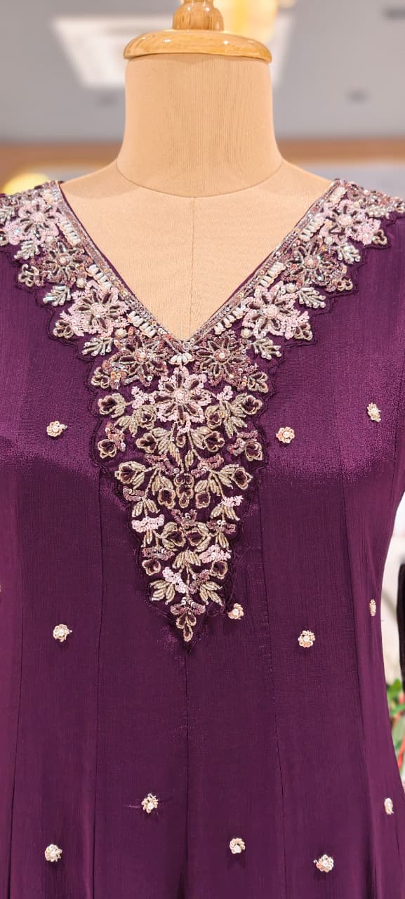 Elegant Chinon Anarkali Suit Set with Heavy Hand Embroidered Neckline & Buti Work Full Suit 13887 W46