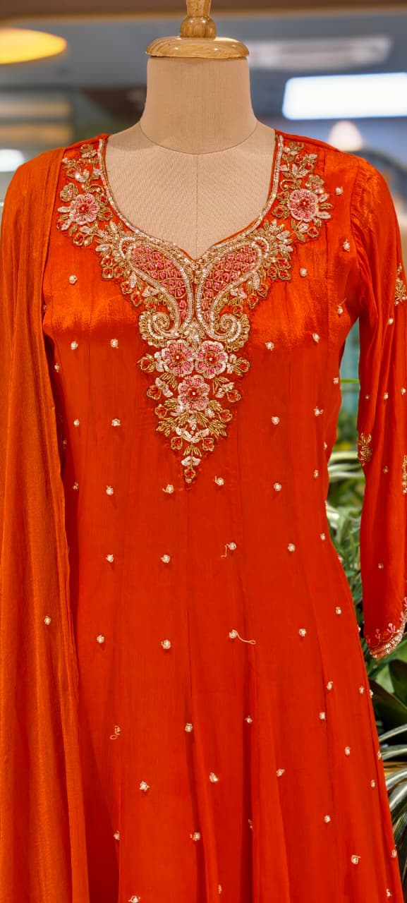 Elegant Chinon Anarkali Suit Set with Heavy Handwork Embroidered Neckline Full Suit 14018 W44