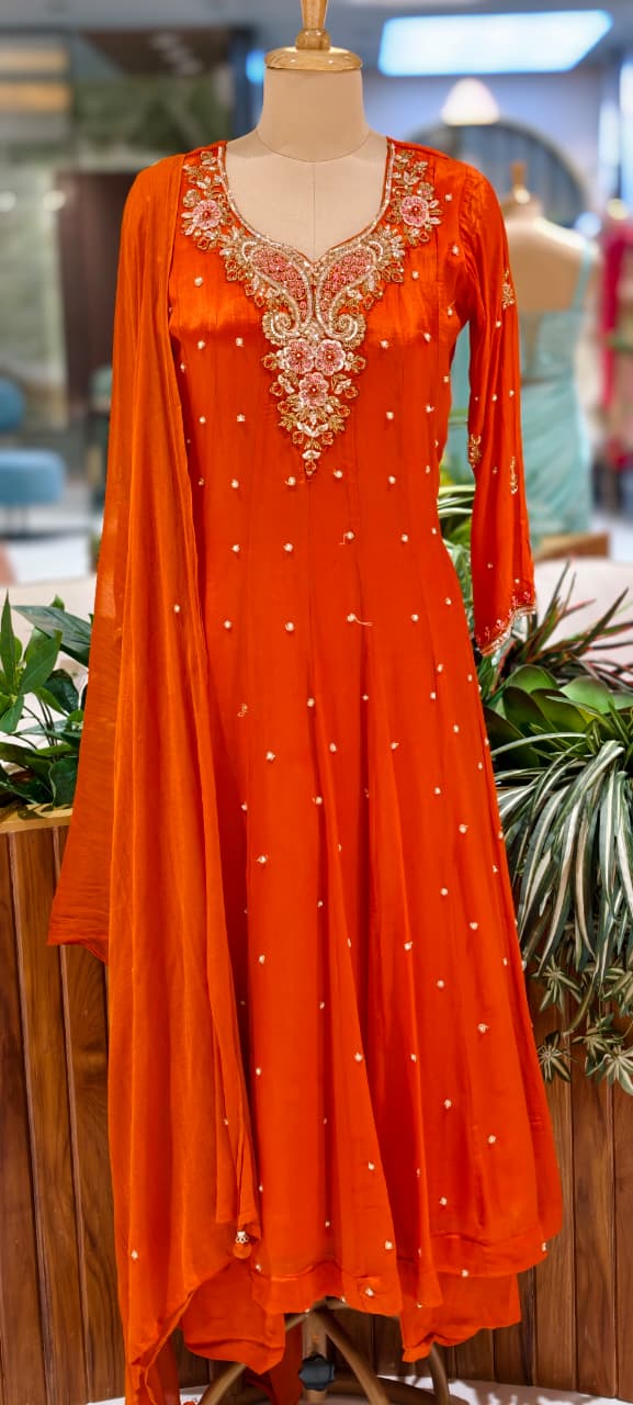 Elegant Chinon Anarkali Suit Set with Heavy Handwork Embroidered Neckline Full Suit 14018 W44