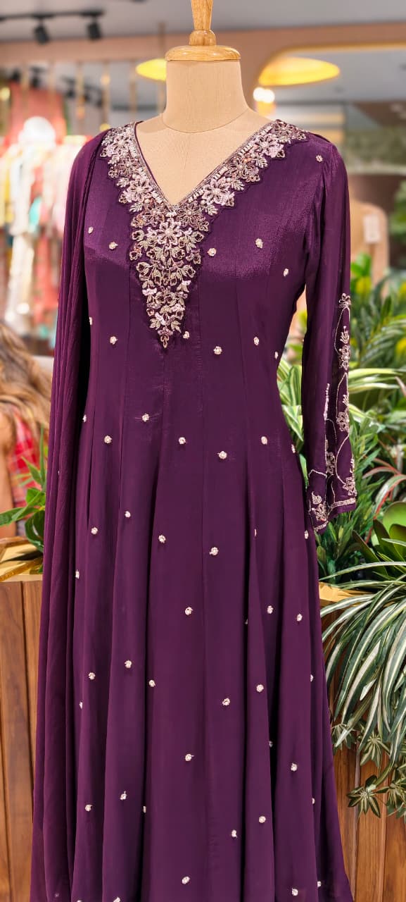 Elegant Chinon Anarkali Suit Set with Heavy Hand Embroidered Neckline & Buti Work Full Suit 13887 W46
