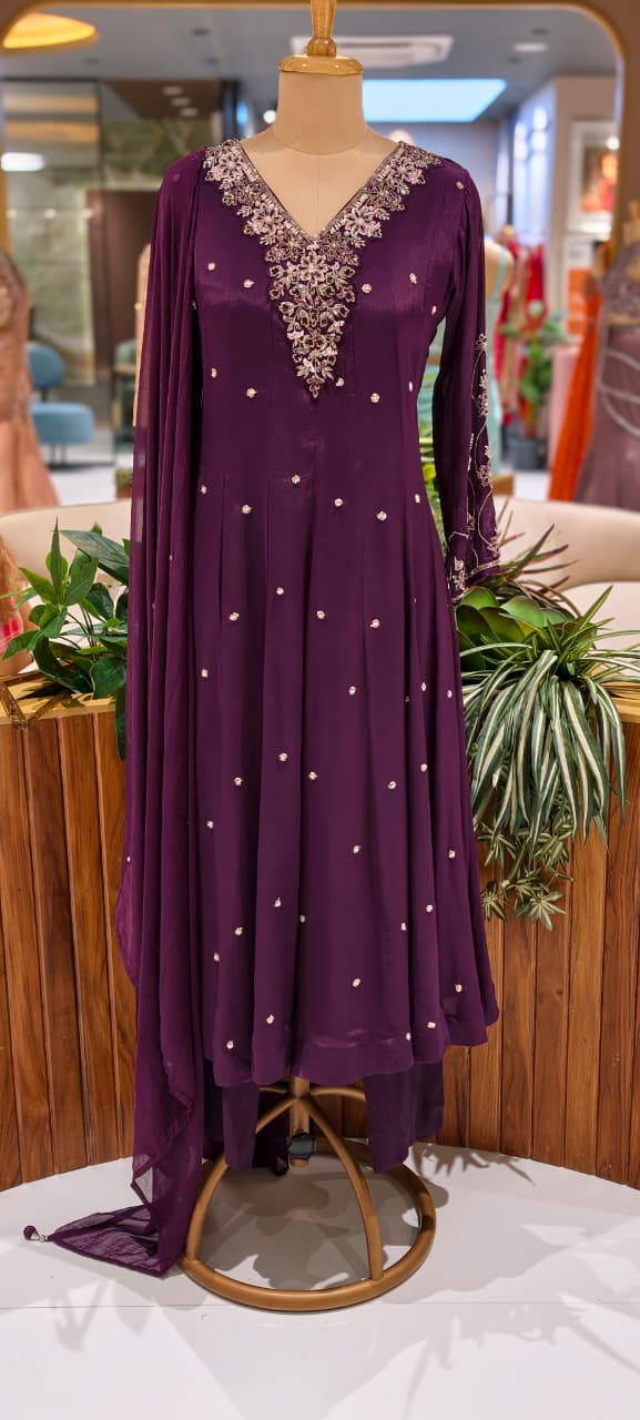 Elegant Chinon Anarkali Suit Set with Heavy Hand Embroidered Neckline & Buti Work Full Suit 13887 W46