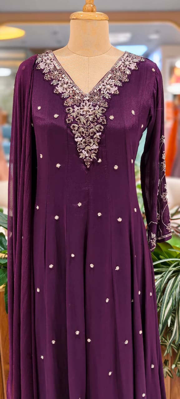 Elegant Chinon Anarkali Suit Set with Heavy Hand Embroidered Neckline & Buti Work Full Suit 13887 W46