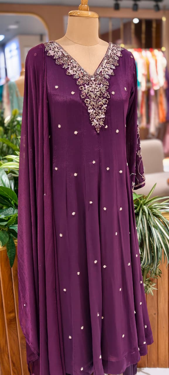 Elegant Chinon Anarkali Suit Set with Heavy Hand Embroidered Neckline & Buti Work Full Suit 13887 W46