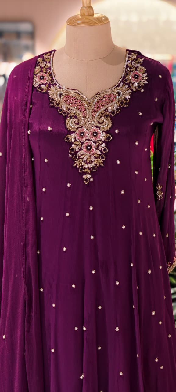 Elegant Chinon Anarkali Suit Set with Heavy Handwork Embroidered Neckline Full Suit 14018 W44