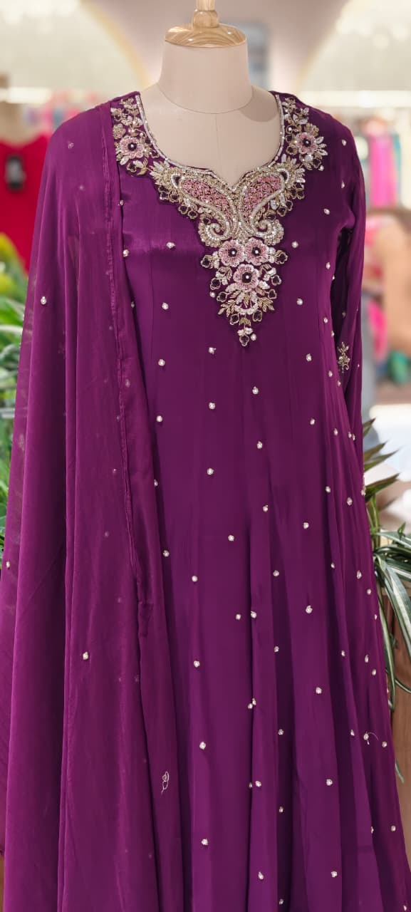 Elegant Chinon Anarkali Suit Set with Heavy Handwork Embroidered Neckline Full Suit 14018 W44