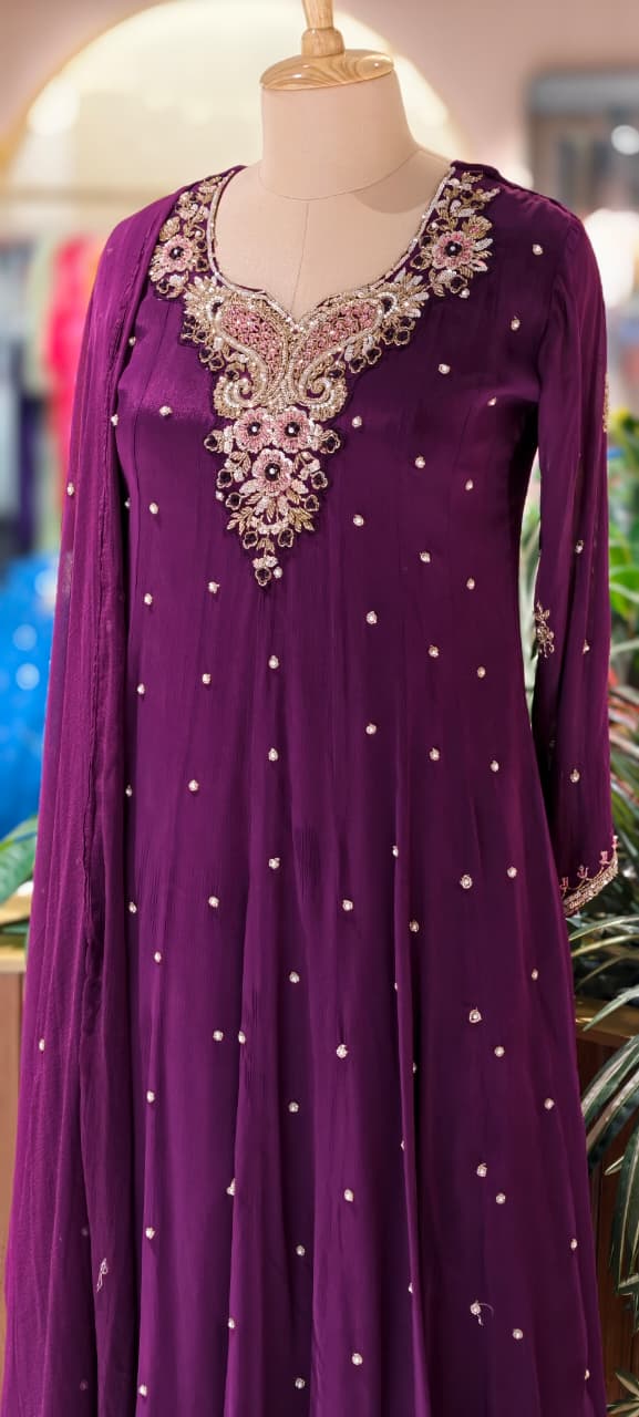 Elegant Chinon Anarkali Suit Set with Heavy Handwork Embroidered Neckline Full Suit 14018 W44